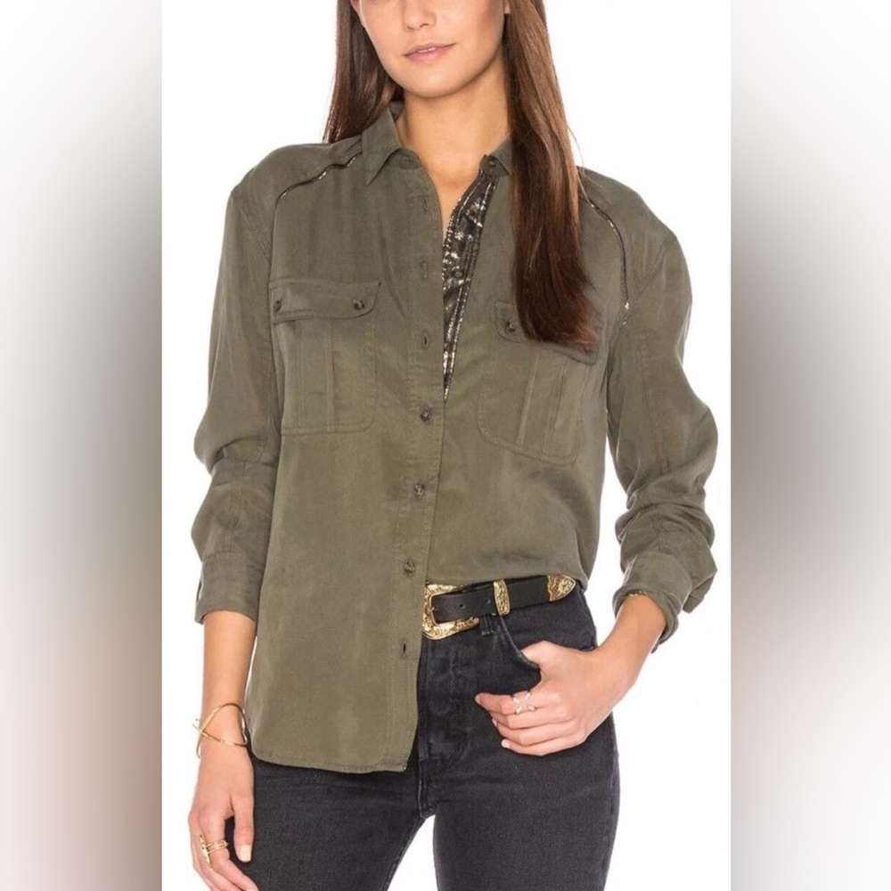 Free People Off Campus Metallic-Detail Button-Down Shirt in Moss - Size M